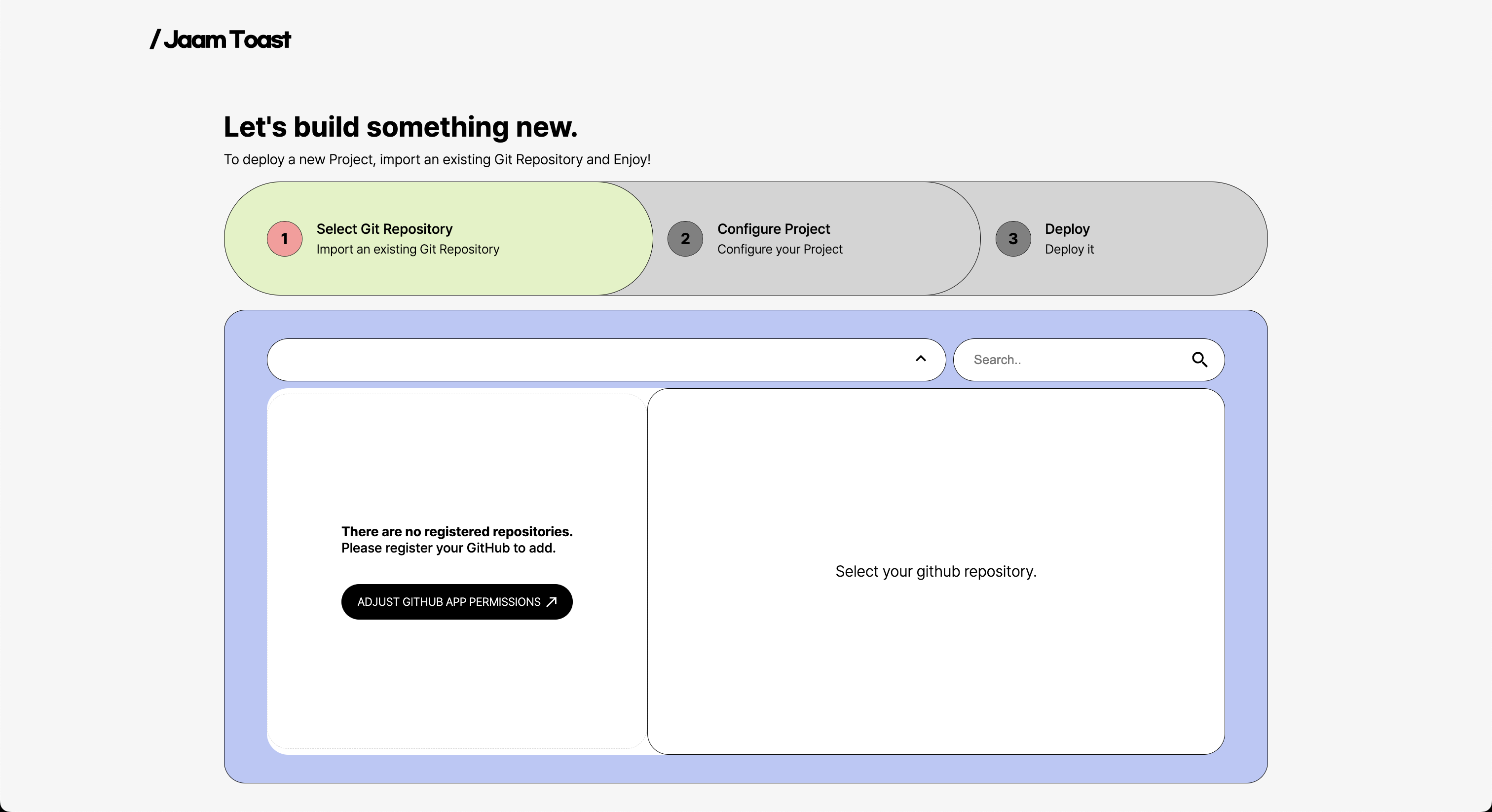 Jaam Toast Deploy Page Screenshot. Shows a selectable list of repositories