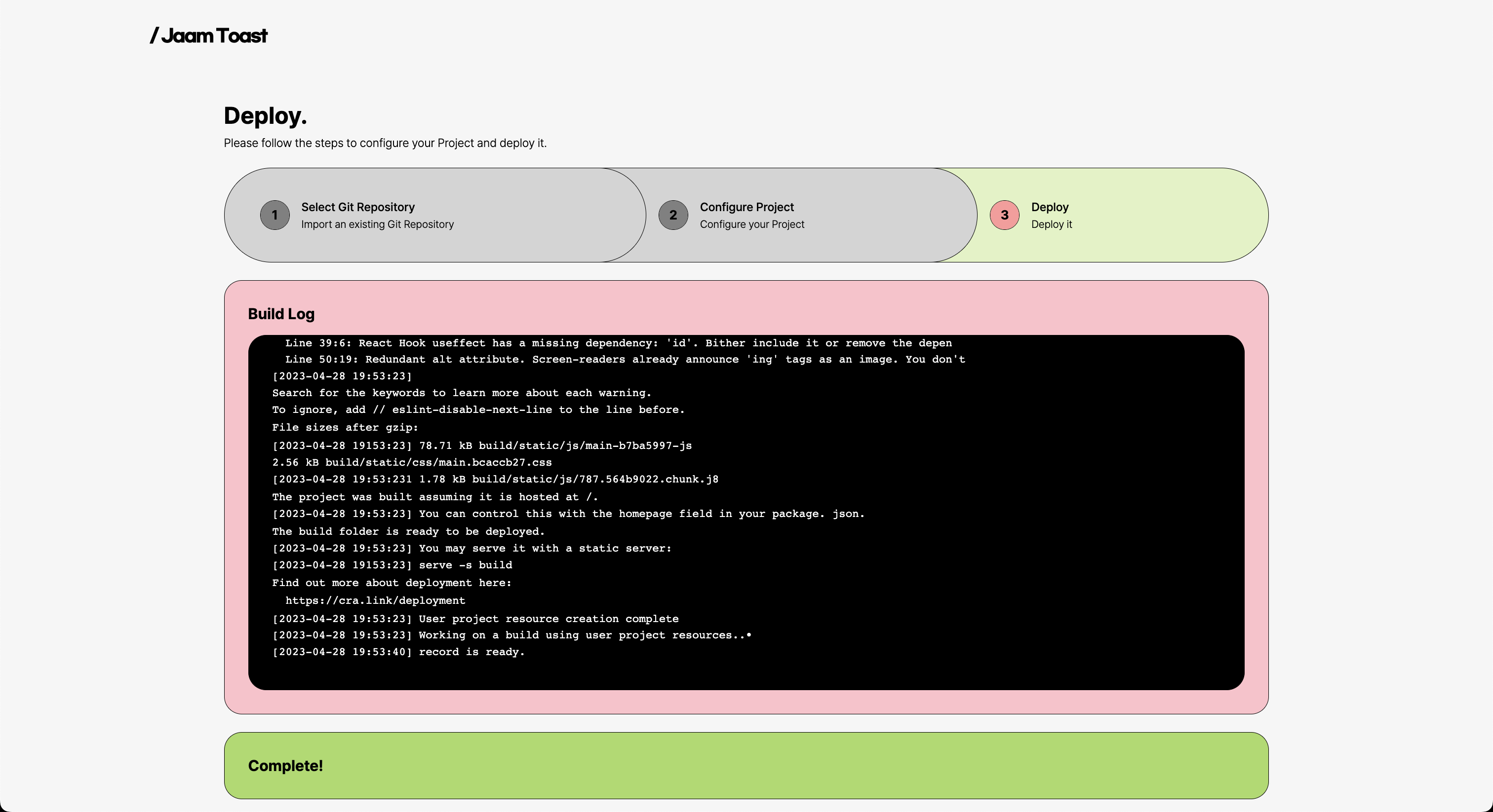 Jaam Toast Deploy Page Screenshot, shows a deploy progress logs
