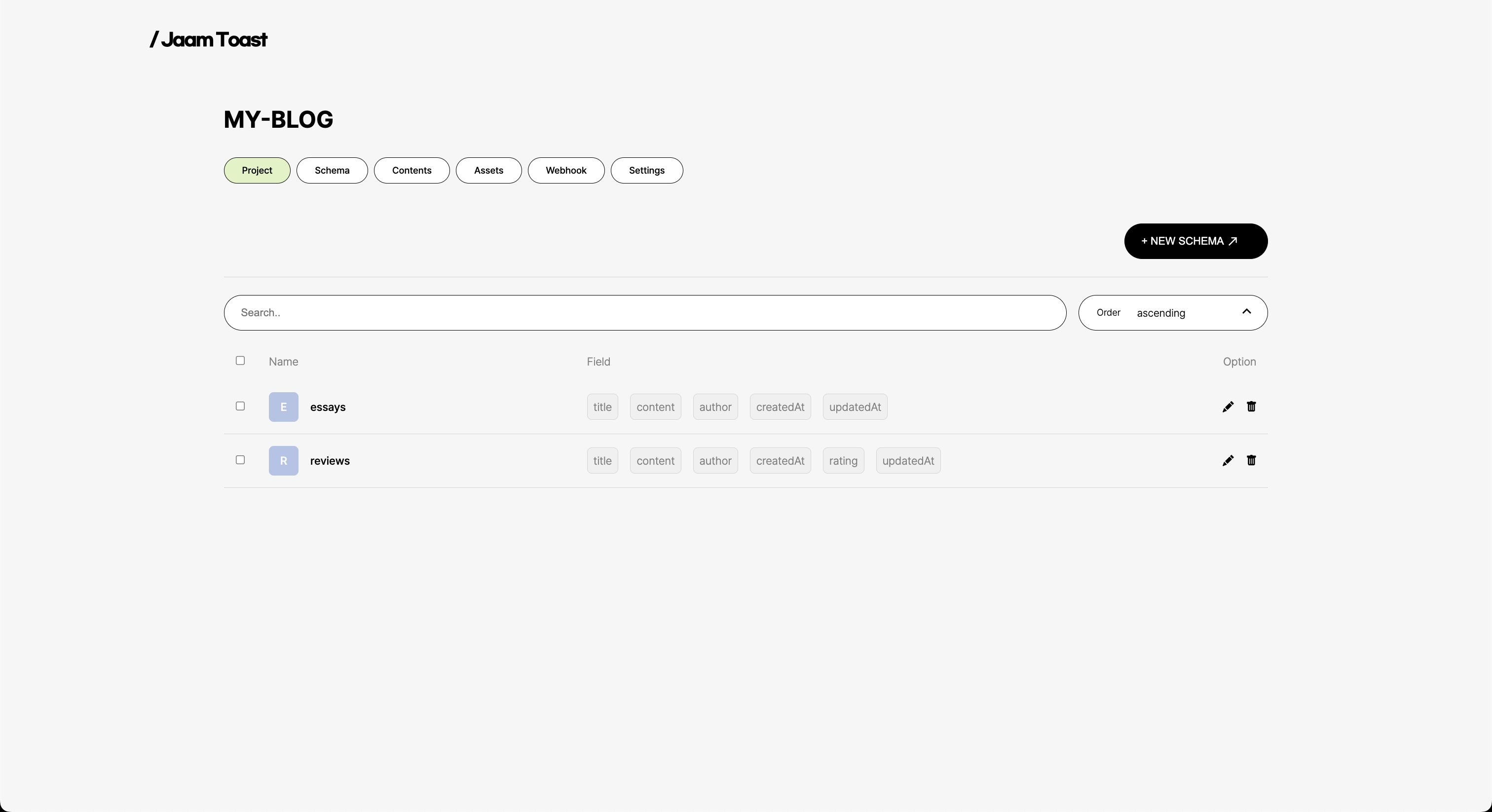 Jaam Toast Project Page Screenshot, shows a list of schemas